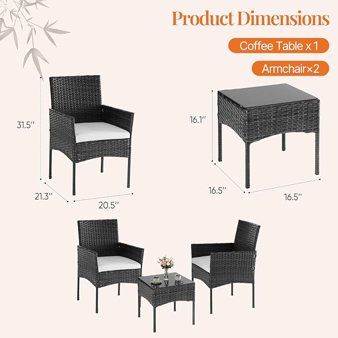 Sweetcrispy 3 Piece Patio Furniture Set, All-Weather Outdoor Conversation with Removable Cushions & Tempered Glass Table, Small Wicker Bistro Set for Balcony, Porch, Backyard, Deck, Black