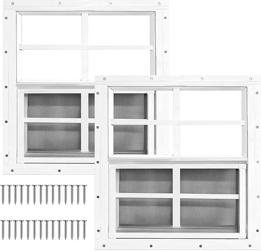 Yuzzy Shed Windows 2 Pack, Chicken Coop Windows 24" x 24" with Tempered Glass and Fiberglass Screen, Flush Mounted Small Window for Shed, Barns, Playhouse, Household, Garage (White)
