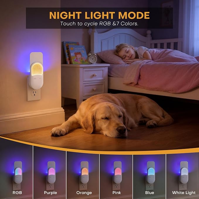 Fruit Fly Trap for Indoors Plug-in, Gnat Trap Indoor Insect Trap with 7 Refill Cartridges, UVA Light Bug Catcher with Dual Modes, 8-Color RGB Night Light Sensor for Kitchen Bathroom Home
