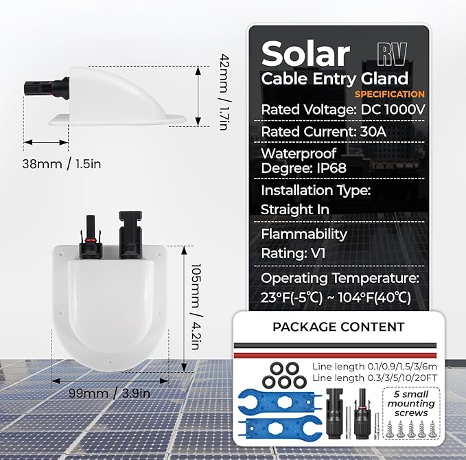 Solar Cable Entry Gland with 10Awg Solar Cable and Solar Connector UV Resistance Dual Cable Entry Housing for Solar RV Boats Yacht Roofs (White 0.3FT)