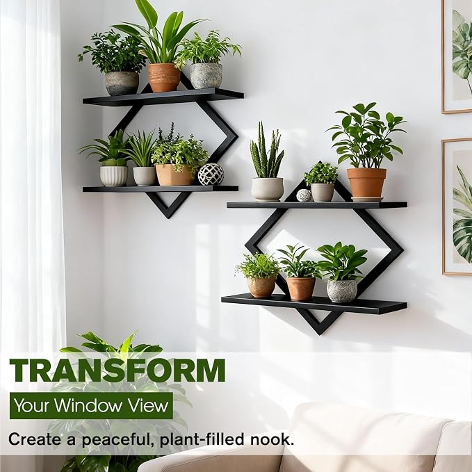 2 Pack Wall Planters for Indoor Plants, Black | 2-Tier Floating Wall Shelves, Wall Mounted Plant Holder Stand, For Bathroom Living Room Bedroom Kitchen Office