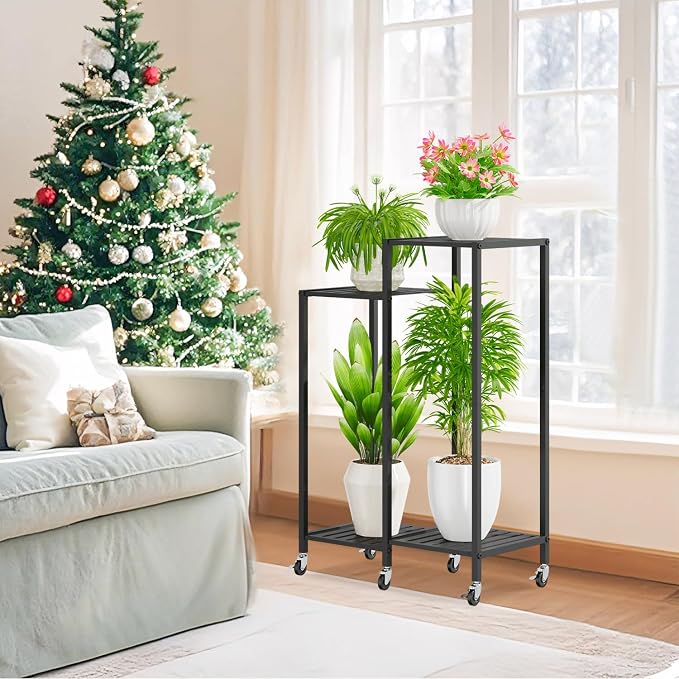 iDavosic.ly Metal Plant Stand Indoor Outdoor Set of 2, 3 Tiered Corner Flower Holder Shelf and 4 Layer Vertical Rolling Rack for Large Pots Modern Black
