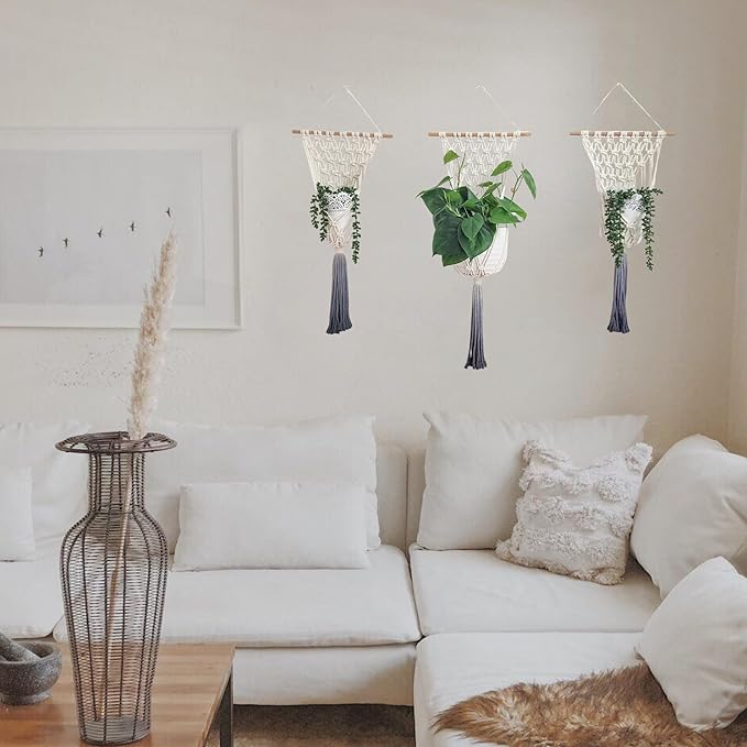 Set of 3 Ombre Dyed Macrame Wall Hanging plant stand Macrame plant hanger indoor and outdoor plant hanger Plant shelf indoor vertical garden planter plant shelf indoor Boho Decor (Ombre Gray)