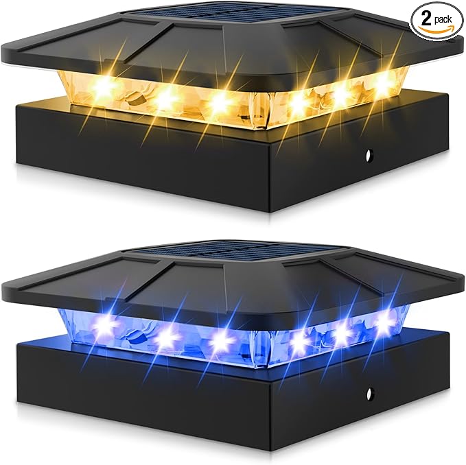 Peasur 2pack 4x4 Solar Post Lights Outdoor, Blue & Warm White LED Fence Caps Light Waterproof, Wood & Vinyl Post Top Lighting for Deck Mailbox Railing Porch Outside