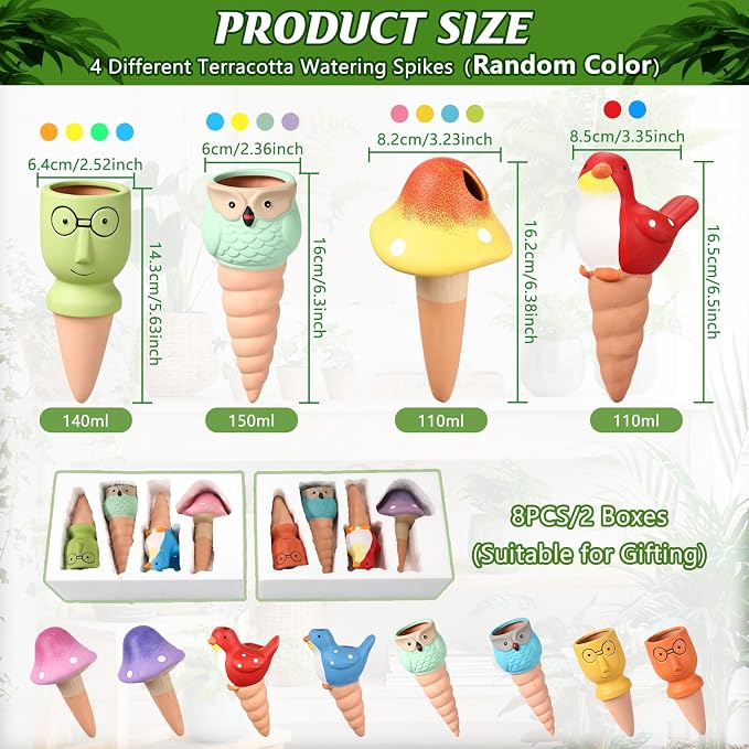 Domensi 8 Pack Terracotta Plant Watering Devices, Self Watering Spikes, Mushroom, Bird, Head, Owl-Shaped, Automatic Insert System Decorative Stakes, Cute Plant Spikes for Indoor Outdoor Plants