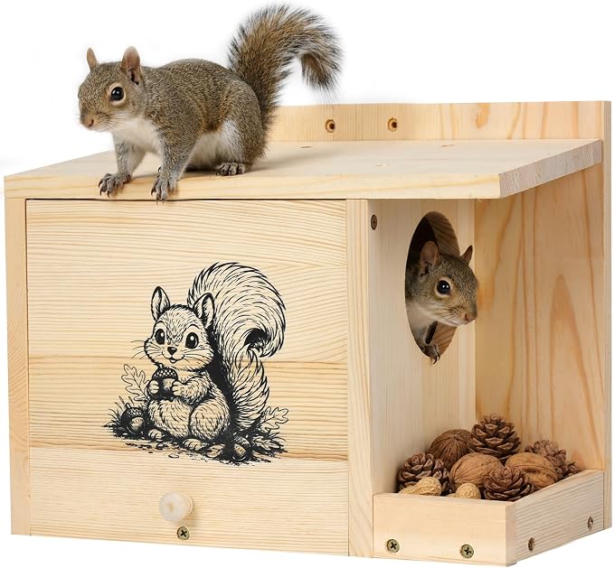 Large Squirrel House for Outside, Squirrel Nesting Box with Squirrel Feeder | Anti-Predator Solid Wood Squirrel Box for Backyard, Waterproof Squirrel feeders for outside, Easy to Assemble,14×11×7.5 Inch