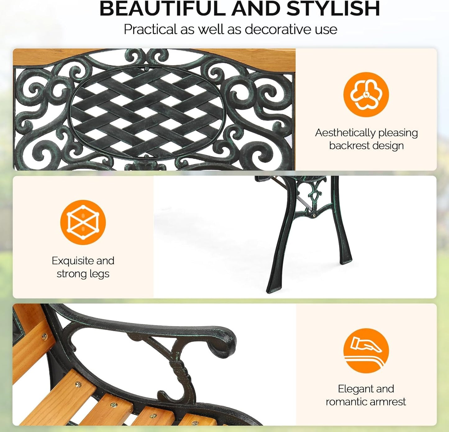 VINGLI Outdoor Bench Metal Garden Bench Front Porch Bench, Wood Patio Bench w/PVC Backrest Cast Iron Love Seat Park Benches (Arched Back)