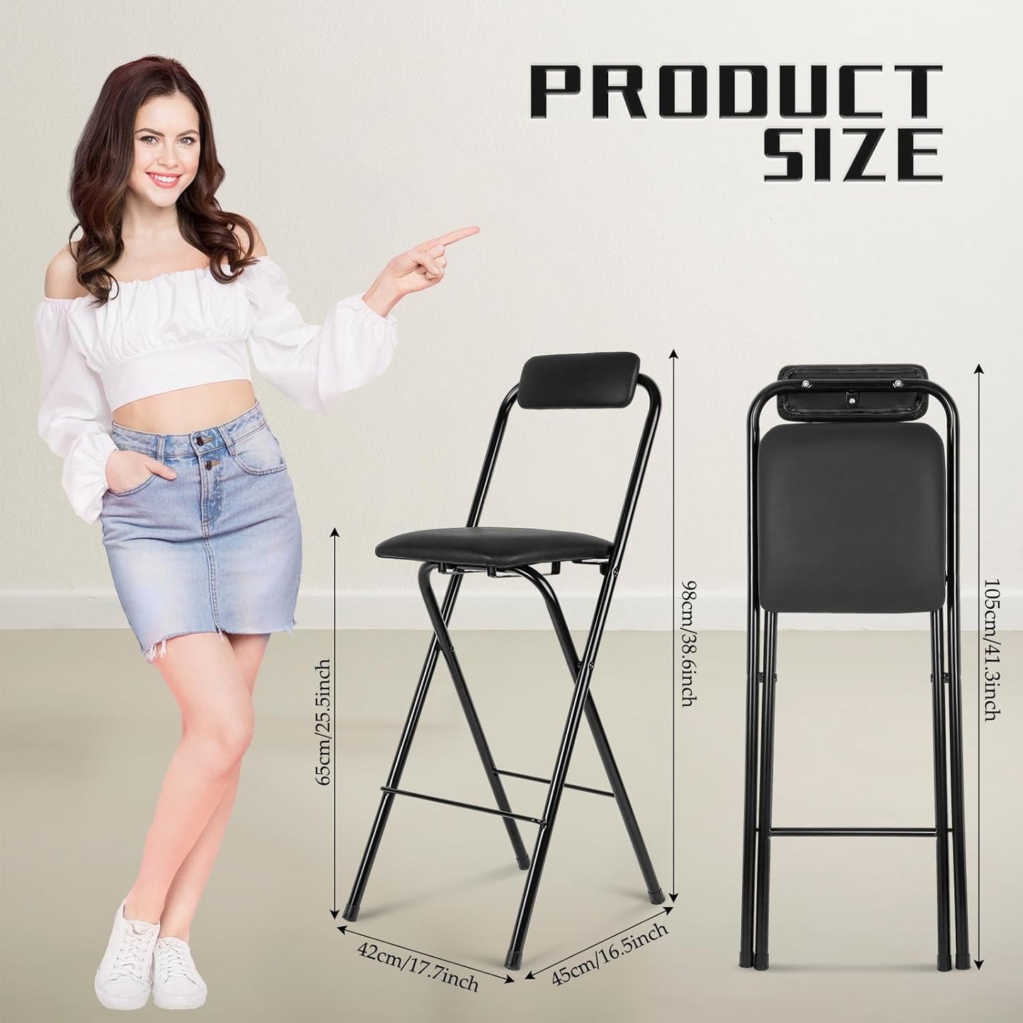 Thyle 1 Pcs Folding Bar Stool with Backrest, Tall Foldable Stool Chair Portable High Folding Bar Chair Counter Height Seat Leather Padded for Kitchen Island Shop Cafe Dining Room Black (25.5 Inch)