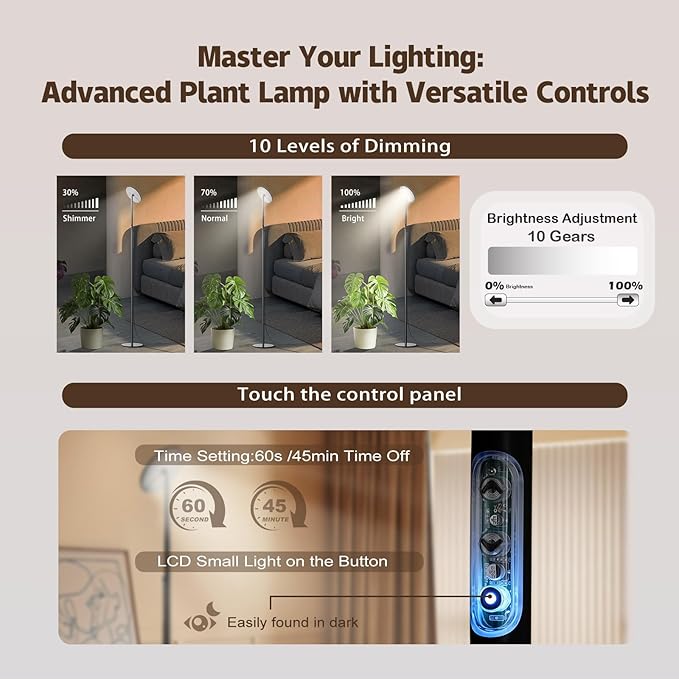 69'' Tall Grow Lights for Indoor Plants Full Spectrum, 40W Sunlike Standing Plant Lights for Indoor Growing, 10-Level Dimmable, Adjustable Height for Various Plant Sizes