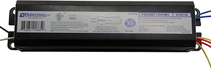 Robertson PSB296T12HOMV Ballast (3P20159) – 1 or 2 Lamp Fluorescent Electronic Ballast, 120–277V, Programmed Start, for T12 HO Fluorescent Lamps between 60W-110W (F48T12/HO thru F96T12/HO) (Qty 1 ea)