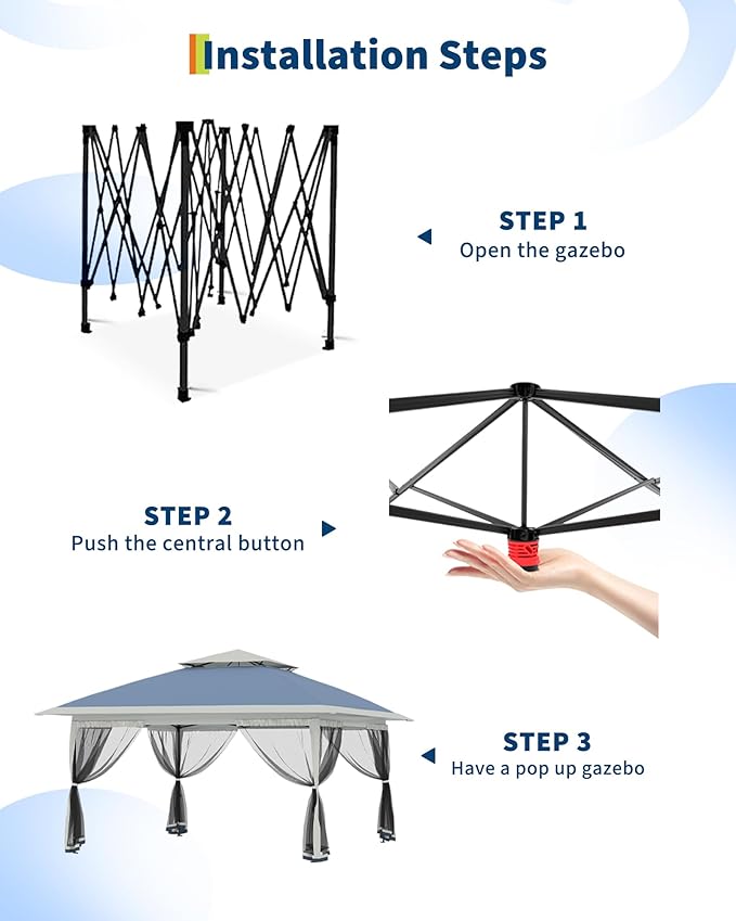 GarveeLife Canopy Tent 13x13 ft, Pop Up Gazebo One-Push Setup with 4 SandBags for Backyard Parties and BBQs, Mosquito Netting & Height Adjustable - Navy Blue