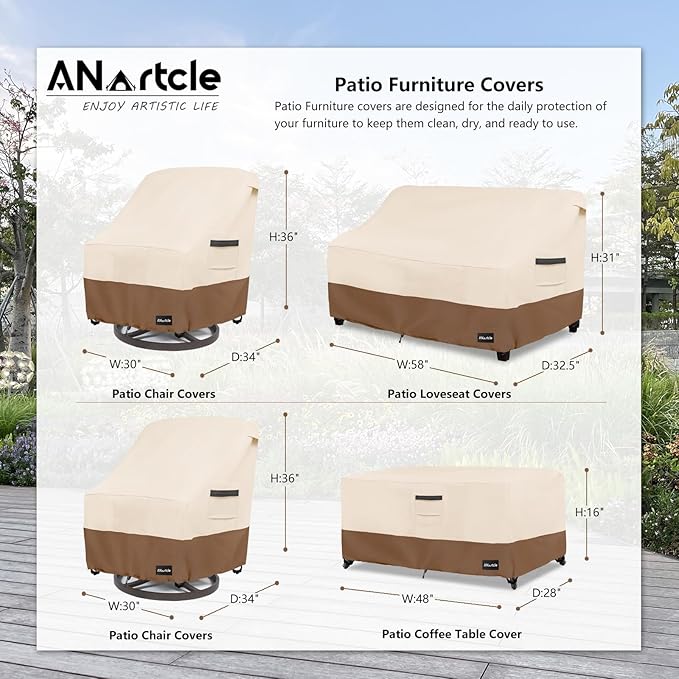 ANartcle Patio Furniture Covers 4 Piece Set, 600D Waterproof Heavy Duty Outdoor Furniture Covers,Fit Wicker Patio Loveseat, Swivel Rocker Chair and Coffee Table,Beige&Brown