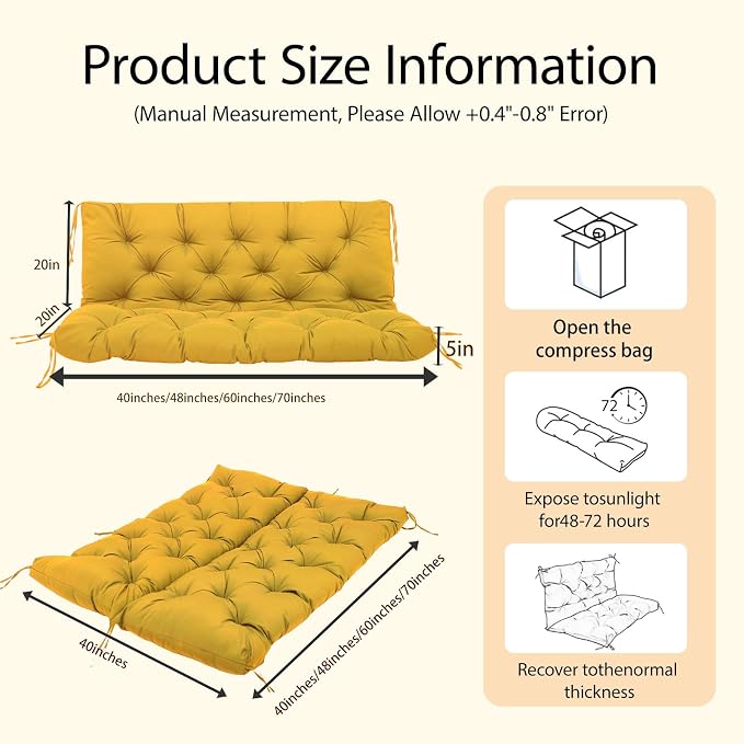 5" Thick Waterproof Porch Swing Cushion 48 x 40 in 3 Seater Replacement Outdoor Swing Cushions with Back Support Patio Swing Cushion for Outdoor Bench Furniture