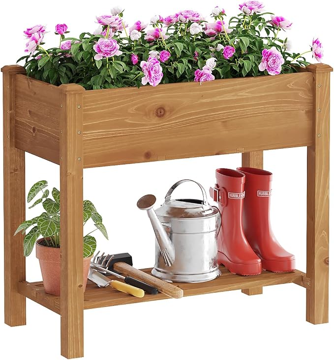 Raised Garden Bed with Legs Elevated Wooden Planter Box Stand Large Planter Stand Box for Fruits Vegetables Flowers with Divider with Bag - 34x18x30.5IN（Brown）