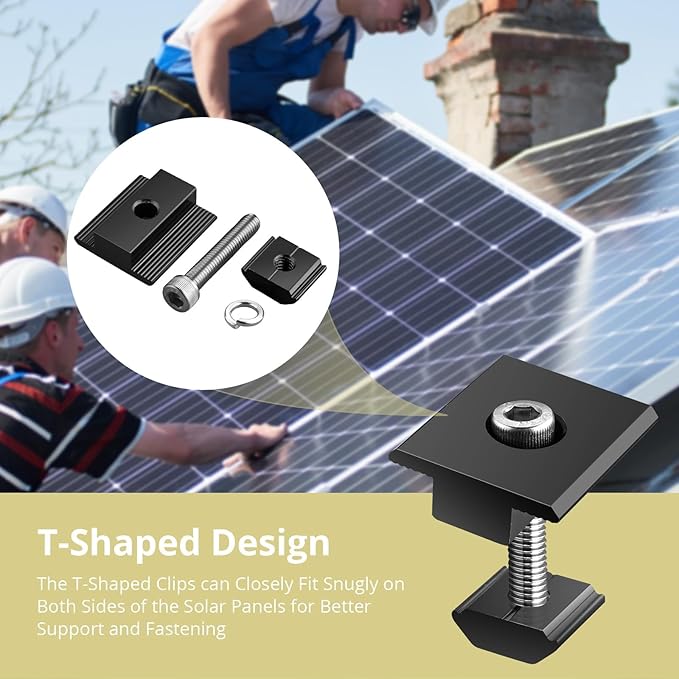 Anbte 10pcs Solar Panels Centre Clamps, Aluminium T-Shaped Mid Clamps 40mm Solar Panel Mounting Brackets Solar Mounting Rail Connector for Metal Roof, Tin Roof, Flat Roof, Sheet Roof, Black