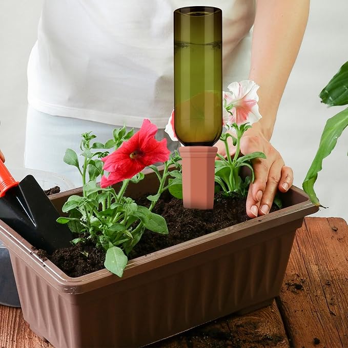 Teenyyou 12 Pcs Watering Spikes for Indoor Plants Include 6 Terracotta Self Watering Spikes Devices and 6 Pcs 26 oz Plastic Bottles Slow Release Vacation Insert Automatic(Green)