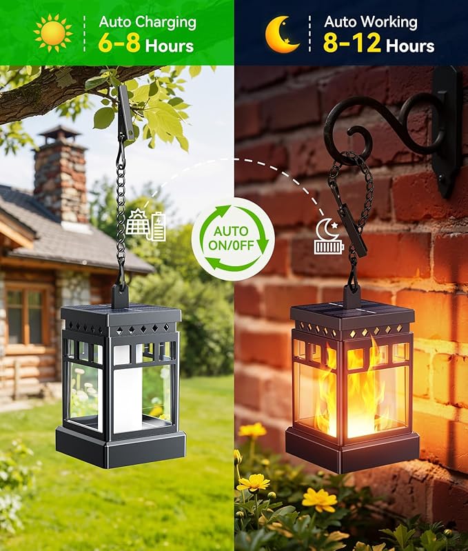 KOOPER Hanging Solar Lanterns Outdoor Waterproof, 2PCS Flickering Flame Hanging Solar Lights for Outside, Outdoor Solar Lanterns up to 12 Hours, Lanterns Decorative for Patio Porch Yard Garden Decor