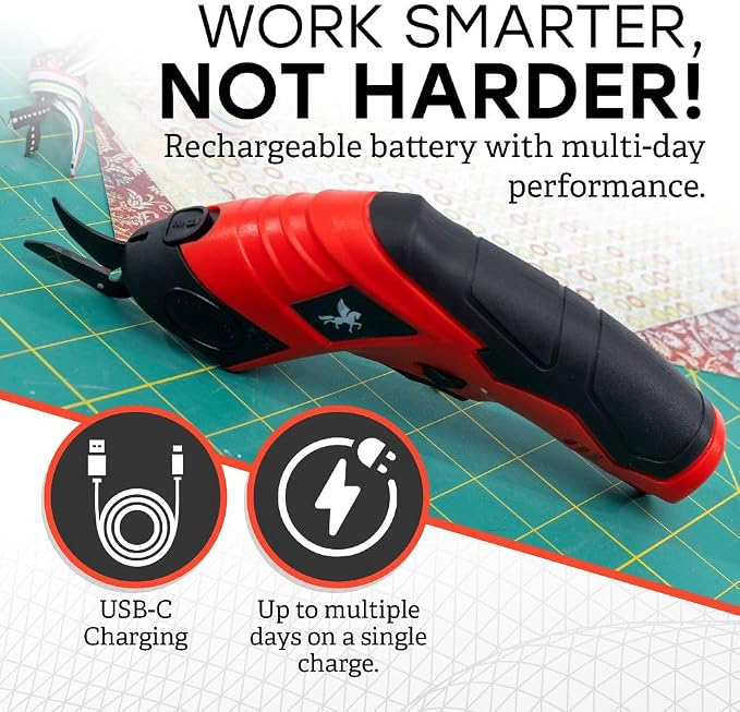 Cordless Electric Scissors - Rechargeable Cutting Tool for Fabric, Cardboard, Plastic, Paper, Leather - Detachable Blade, Ergonomic Grip, Safety Lock - Includes 2 Extra Cutter Head & USB Cable