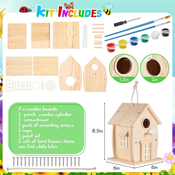 Liliful 8 Pack Wooden Bird House, Build It Yourself Woodworking Kit for Adult Kids 4-8, 8-12 with Paint and Paintbrushes, Solid Weather Proof Natural Pine Wood, Pre Drilled (Rural Style)