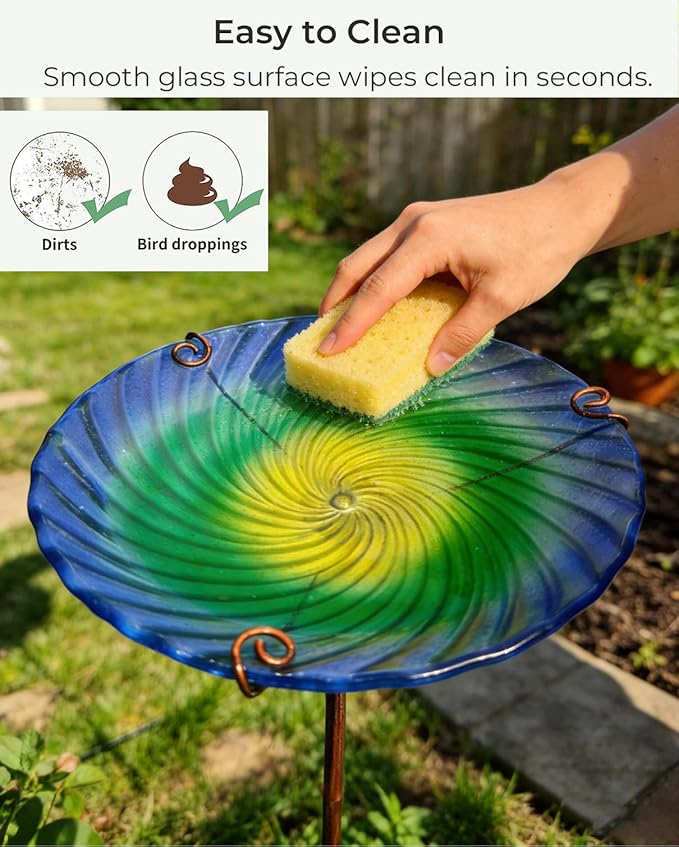 10.5" D Glass Bird Bath with Stake – Shallow Bird Bath for Outside Garden Backyard – Decorative Birdbath & Feeder for Patio Lawn – Hand-Painted Glass Water Dish, Blue