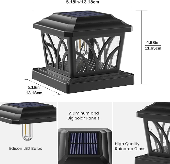 SIEDiNLAR Solar Post Cap Lights Outdoor, Aluminum Glass 2 Modes Edison LED Bulbs for 4x4 5x5 6x6 Vinyl Wooden Posts Deck Fence Patio Decor, Warm White/Cool White Lighting 6 Pack (Black)