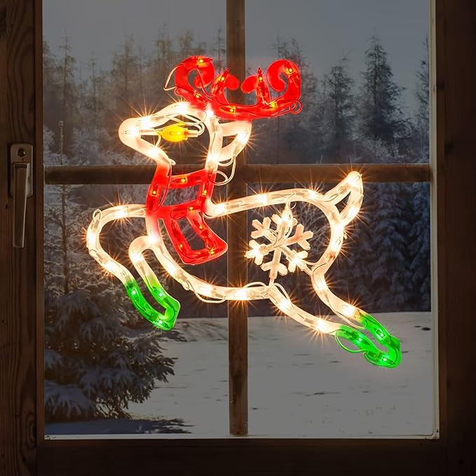 Christmas Window Silhouette Lights, Lighted Deer Double Sided Decorations with 50 Count Incandescent Mini Light for Holiday Indoor Wall Door Glass Decor