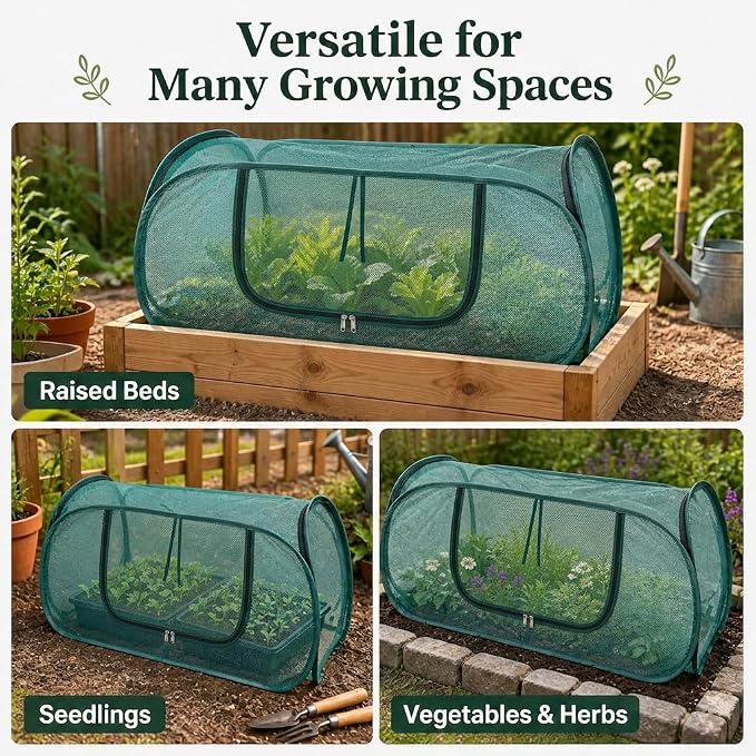 2 Pack Pop Up Mesh Plant Cover, 33% Sunblock Garden Covers for Raised Beds, Breathable Garden Netting for Raised Beds with 8 Stakes for Protecting Seedlings Fruits(44 x 22 x 17.5 in)