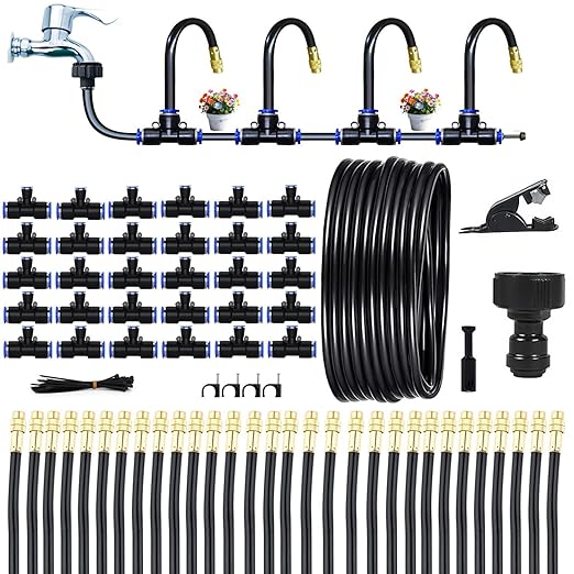360° Adjustable Drip Irrigation System - Compatible 1/4" Irrigation System, 50FT Garden Watering Atomizing System with 15 Nozzles, Greenhouse Accessories for Yard, Lawn, Plants, Garden (98Ft)