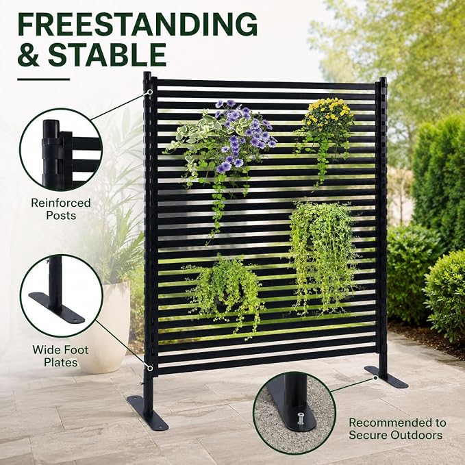 FOLLOOK Metal Privacy Screen Outdoor Freestanding, Poly-Coating Rustproof Metal Decorative Slatted Privacy Screen Fence Panels for Outside Backyard Garden Patio Deck, 48" W x 71" H, Black