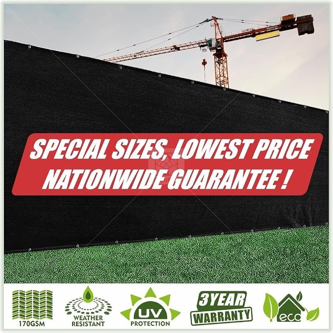 ColourTree Customized Size 6' x 52' Black Fence Screen Privacy Screen - Commercial Grade 170 GSM - Heavy Duty - 3 Years Warranty - Cable Zip Ties Included
