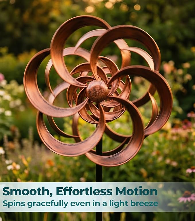 63" Metal Wind Spinner Outdoor, Double-Sided Kinetic Yard Spinner, Smooth Spinning Garden Decor, Stable 5-Prong Stake, Copper Yard Art for Lawn & Patio