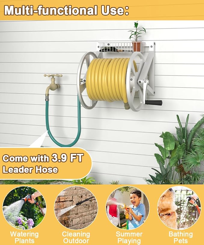 Artigarden Triangle Wall Mounted Garden Hose Reel, Outdoor Heavy-Duty Water Hoses Holder Winder, Holds 125 Ft of 5/8-Inch Hose, with 3.9 ft Leader Hose, Brass Fitting, Storage Basket for Yard, White