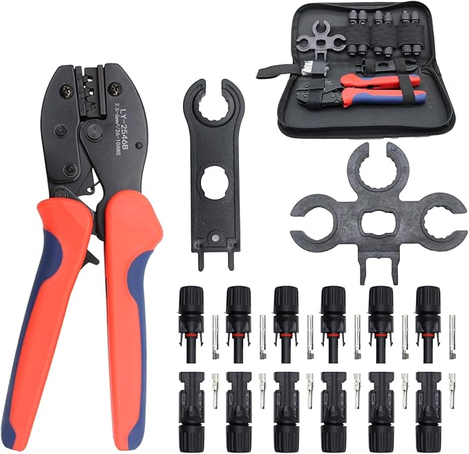 MC-4 Connector kit, Solar Cable Connector kit, 6 Pairs of Solar Connectors, 2 Spanner Wrenches and a Wire Crimper, Photovoltaic System Connector kit, for Solar Panel Cable Assembly