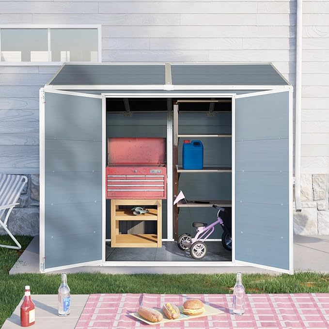 YOPTO 8x4 FT Outdoor Storage Shed,Garden Shed with Floor & 2 Windows,All Weather Waterproof Tool House W/Air Vent,Sloped Roof & Lockable Double Door,for Patio,Yard,Lawn,Grey