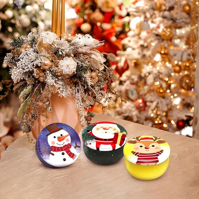 Set of 3 Christmas Santa Claus, Snowman and Elk Deer Themed Cedar, Apple&Cinnamon and Vanilla&Cake Scented Gift Candles Set to Women Small Natural Soy Wax Candles for Home in Decorative Metal Tin