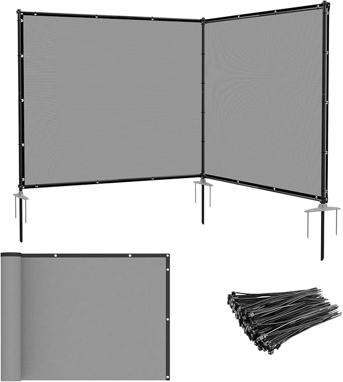Patio 5' x 9' Outdoor Privacy Screen Freestanding Temporary Fence Panels Net Cover with Metal Poles for Outside Backyard Pool Garden Air Conditioner Fencing, Light Gray