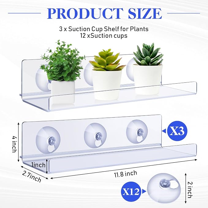Reallnaive 3 Pack 12 Inch Window Suction Cup Shelf for Plants, Clear Acrylic Indoor Floating Shelves Plant Shelf Window Extender for Seed Starter Pots, Succulents, Herb Planters