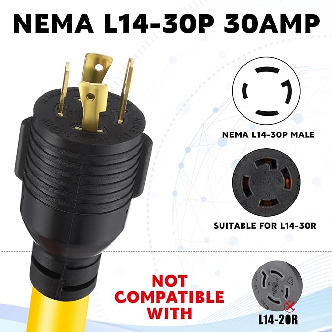 Tellegloww NEMA L14-30P to L6-30R Generator to Welder Adapter 25FT, 30 Amp 4 Prong Male to 3 Prong Female Adapter Generator Welder EV Charger Power Cord, 10 AWG STW, ETL Listed