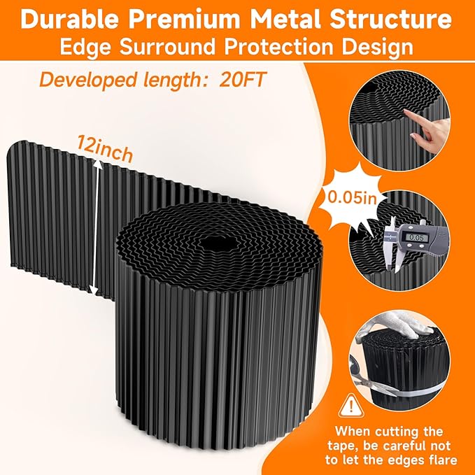 Corrugated Garden Edging,12"×20Ft Galvanized Steel Landscape Edging & Lawn Edging Border,Metal Garden Border for Flower Beds,Garden,Lawn,Raised Beds & Tree Surrounds(Black)