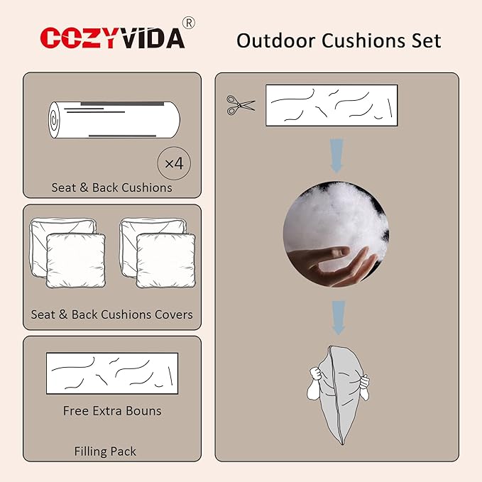 COZYVIDA Outdoor Deep Seat Cushion Set of 2, 24"x24"x5.5" Seat & 25"x22.5" Back, C0 Water-Resistant,UV-Resistant 1000+ Hrs,30D Foam with Recycled Fiber Fill,Boho Paisley,Natural Linen