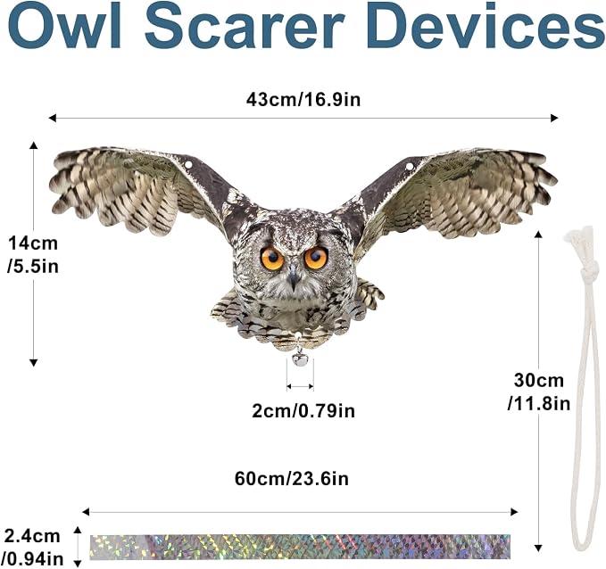 Fake Owl to Keep Pigeon Away from Balcony, 4PCS Pigeon Scare Devices, Flat Plastic Owls with Reflective Tape, Garden Owls to Scare Woodpecker Squirrel, Hanging Owl Decor for Porch Patio Outside
