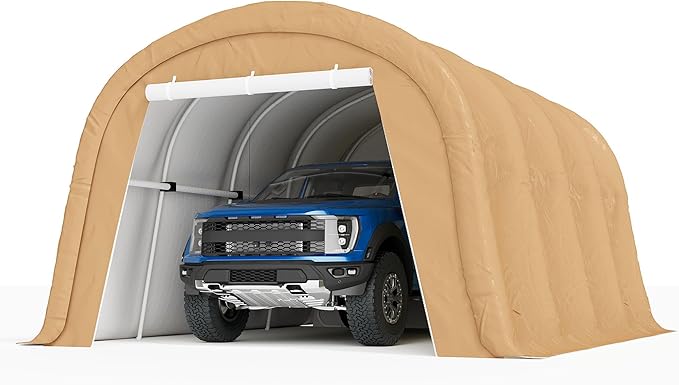 COSIEST 13'×20' Storage Shelter Outdoor Round Carport, Heavy-Duty Garage Canopy with Dual Roll-Up Doors Weatherproof PE Cover, Multi-Purpose Vehicle/Tractor Shed for Backyard/Driveway/Farm(Beige)