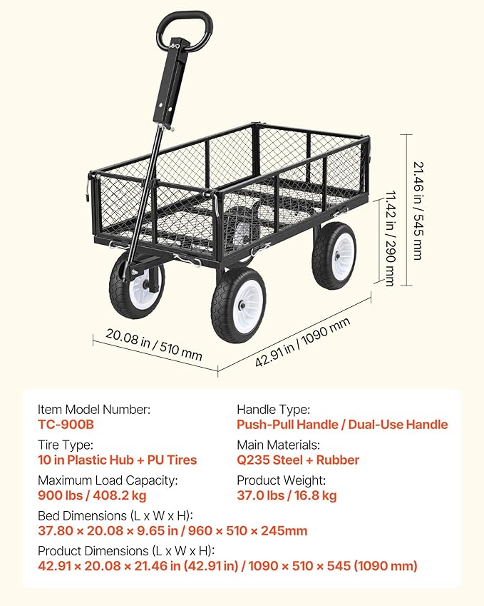 VEVOR 900 LBS Steel Garden Cart, 2 in 1 Handle, Heavy Duty Pullable Garden Wagon with 10" Flat-Free Tires, Outdoor Utility Yard Wagon Cart with Detachable Side Panels, Attach to ATV or Tractor
