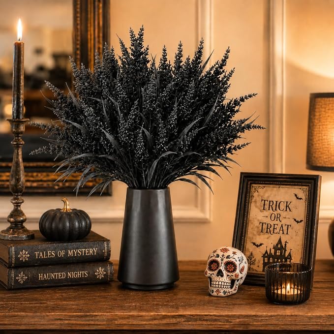 Geegoods Artificial Black Flowers Outdoor – 24 Bundles UV Resistant Faux Lavender Plants with Monkey Grass for Halloween Porch Window Box Patio Hanging Planter Garden Decor