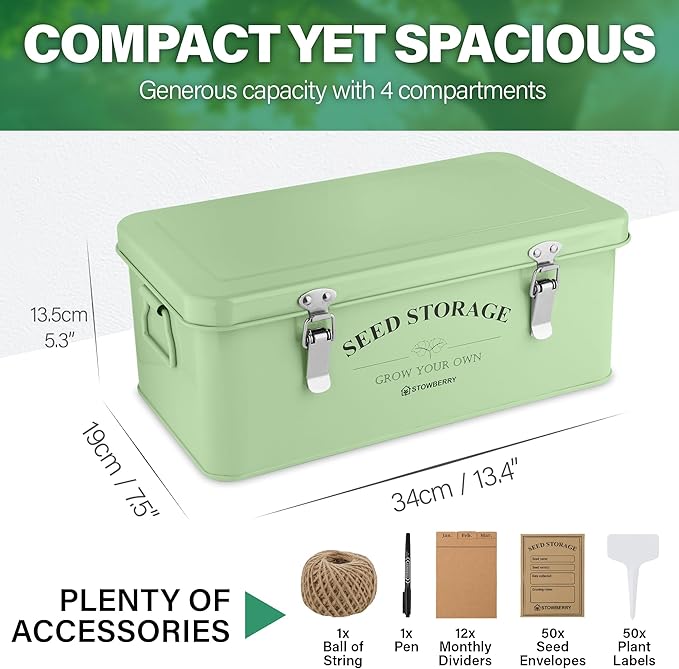 Seed Storage Box Organiser – Green Garden Seeds Tin with Lid, Side Handles, 4 Compartments & Safety Lock – Seed Packet Container for Gardeners – Gardening Gift Idea with Over 100 Accessories