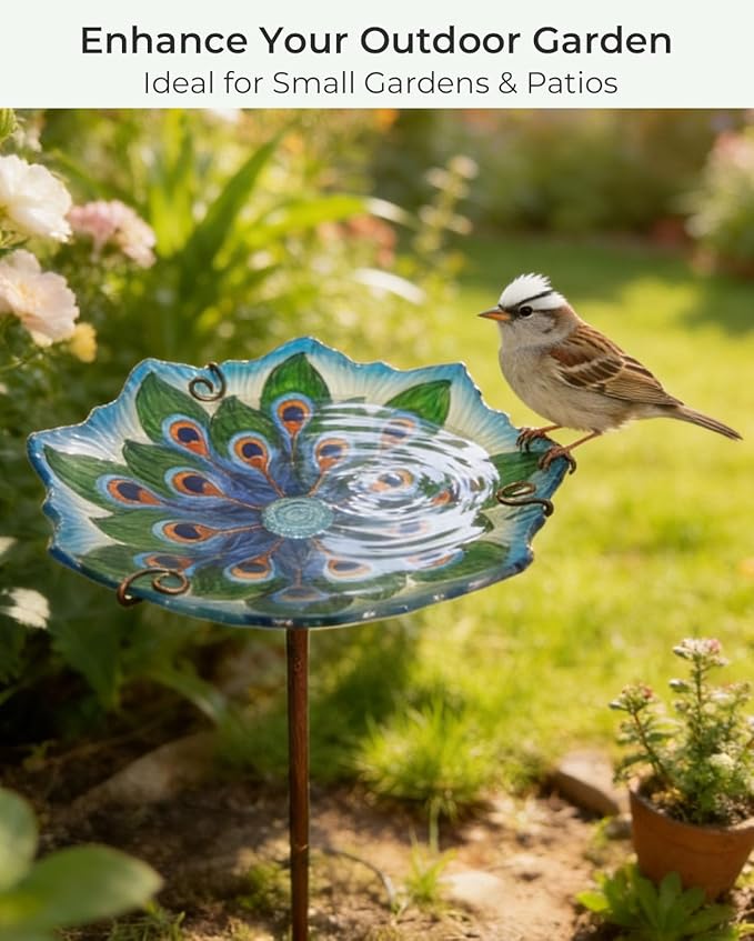 Glass Bird Bath with Stake 10.5" – Shallow Bird Bath for Outside Garden Backyard – Decorative Birdbath & Feeder for Patio Lawn – Hand-Painted Glass Water Dish, Peacock