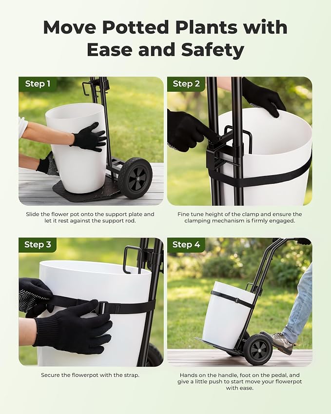 Brightown-Plant-Caddy-with-Wheels Heavy Duty, Ergonomic Plant Dolly for Elderly Gardeners with Adjustable Grabbing Arm,200 Lbs Capacity,All-Terrain Wheels,with Strap & Gloves for Indoor Outdoor, Black | Plant Caddy with Wheels Heavy Duty, 200 Lbs Capac...