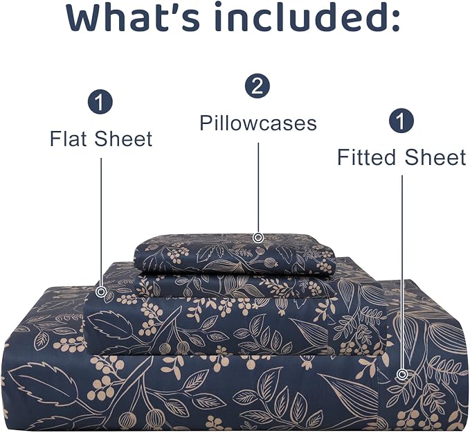 QSH Floral Egyptian Cotton Sheets Queen Size - Elegant Navy Botanical Pattern Printed Bedding Sheets Queen Size Bed Extra Soft and Breathable 4pcs Deep Pockets Bed Sheets