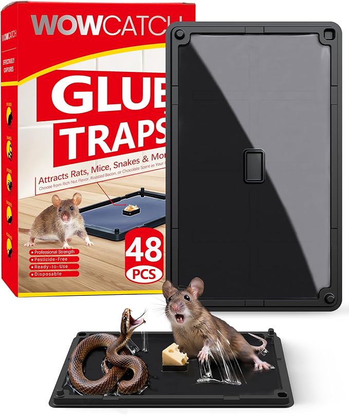 Wowcatch Sticky Mouse Traps Indoor for Home – 48 Pack Rat Glue Traps with Bait Slot, Pet Safe Rodent Catcher for Garage, Kitchen - Catches Snakes, Roaches, Spiders, Lizard, Non-Toxic, Medium Size