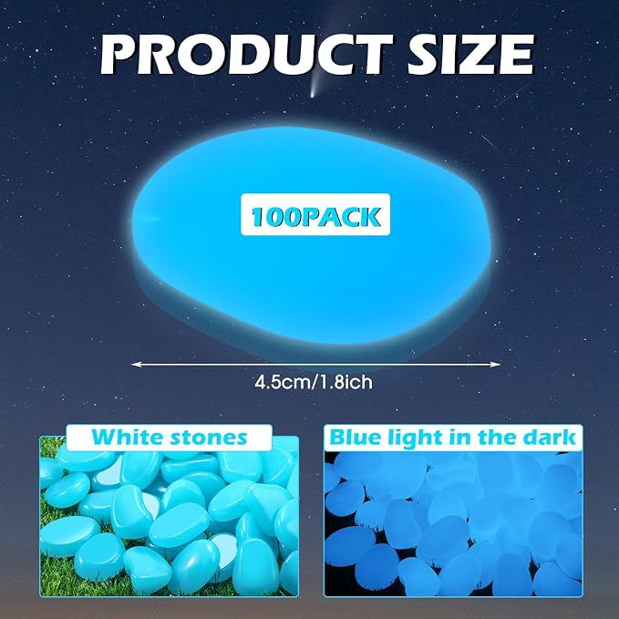 Landical 100 Pcs 1.8 Inch Large Glow in The Dark Rocks Pebbles Outdoor Fish Tank Rocks Aquarium Gravel Luminous Stones for Walkway Succulent Plant Halloween Decor (Light Blue)
